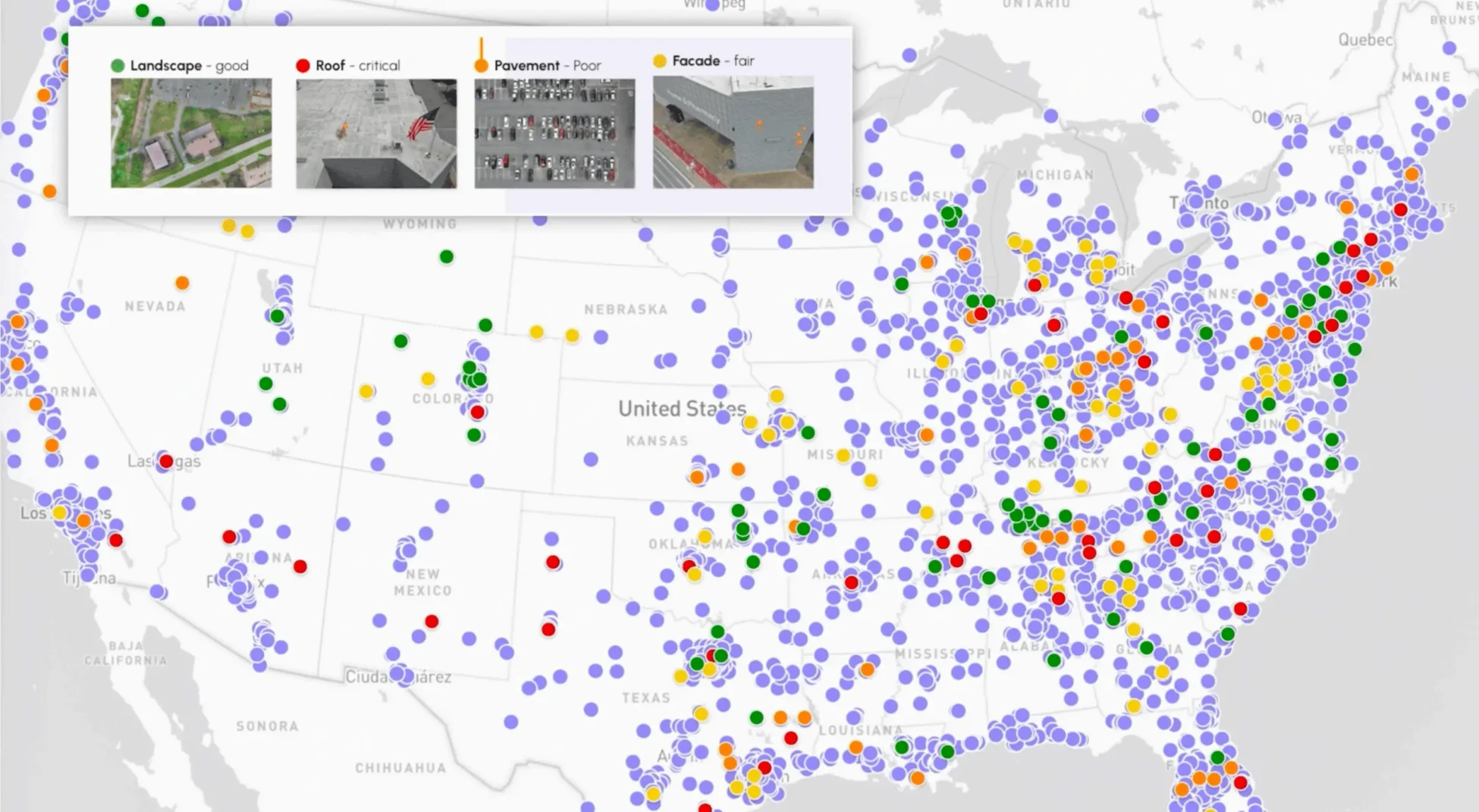 map of the United States with markers for all the exterior components that Roth covers